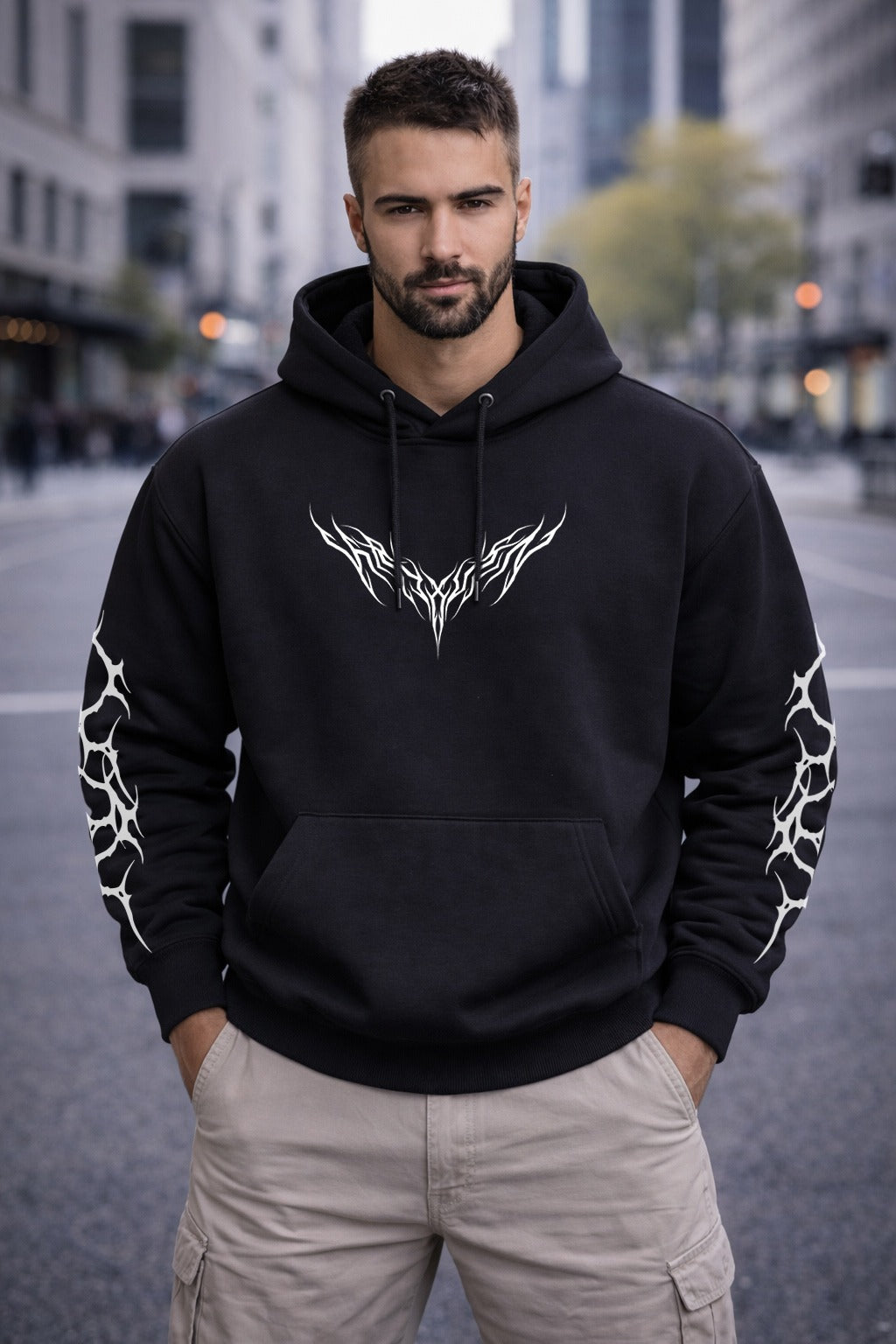 Gothic Angel Graphic Hoodie | Winged Angel Illustration, Crosses, Sleeve Tribal Prints