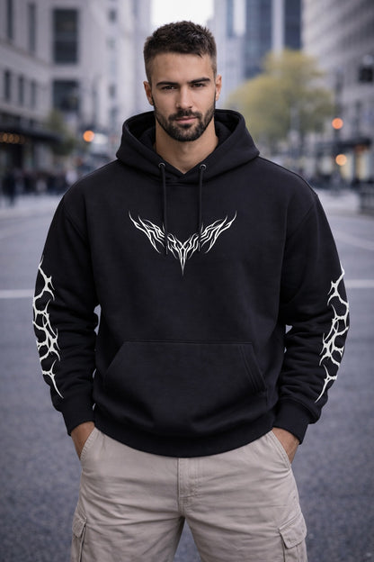 Gothic Angel Graphic Hoodie | Winged Angel Illustration, Crosses, Sleeve Tribal Prints