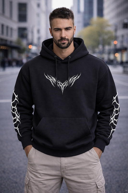 Gothic Angel Graphic Hoodie | Winged Angel Illustration, Crosses, Sleeve Tribal Prints