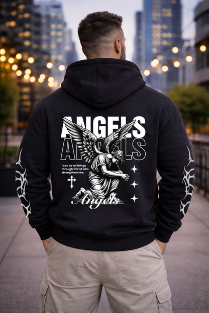Gothic Angel Graphic Hoodie | Winged Angel Illustration, Crosses, Sleeve Tribal Prints