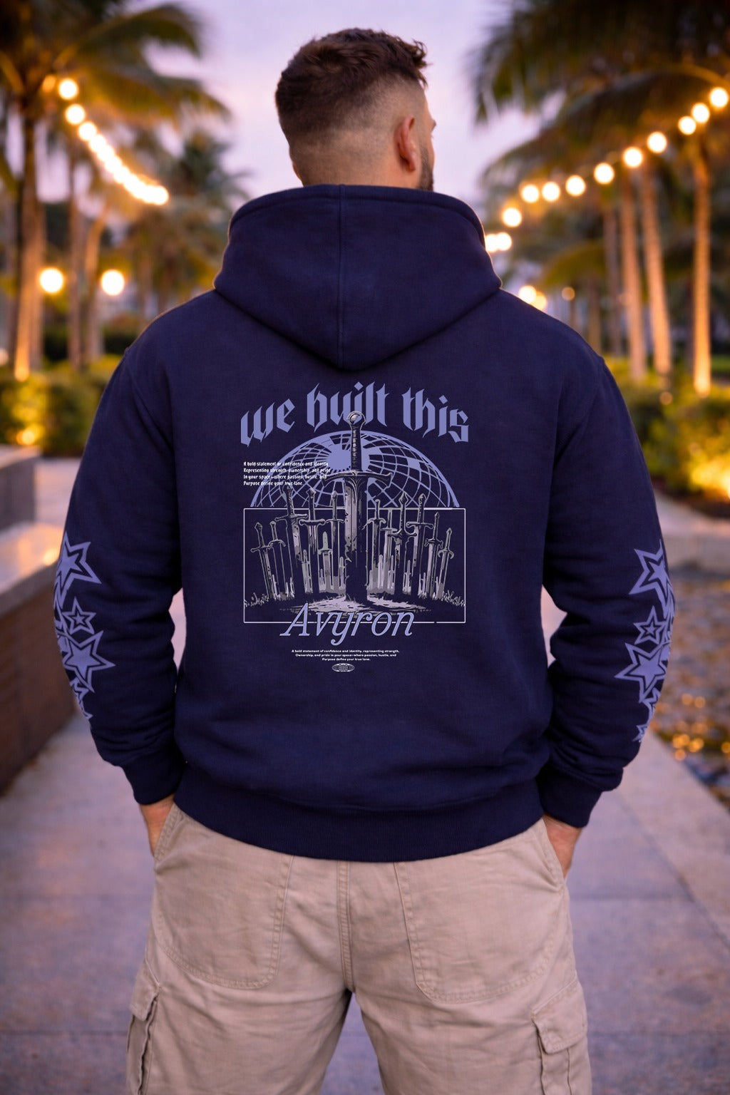 We Built This Globe Graphic Hoodie | Ayvron Clothing Chest Logo, Sleeve Stars