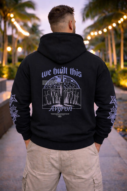 We Built This Globe Graphic Hoodie | Ayvron Clothing Chest Logo, Sleeve Stars