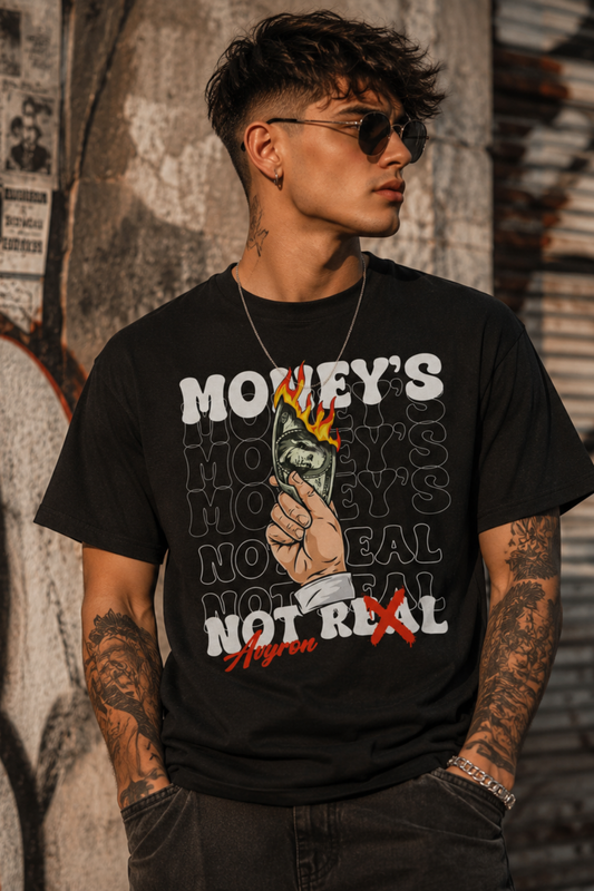 Burning Money graphic tee | Money's Not Real design, hand holding burning cash