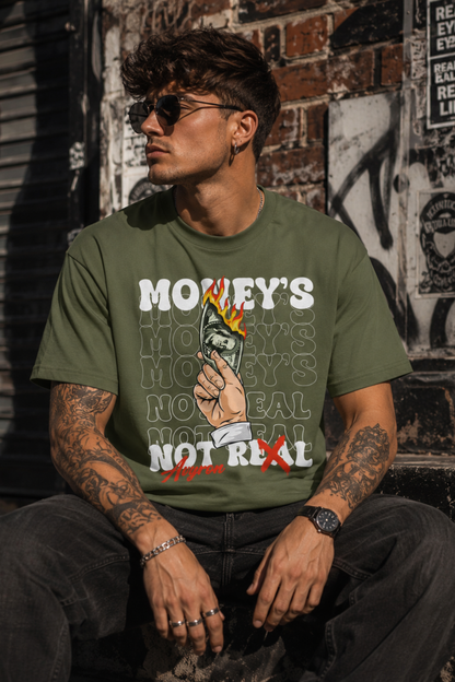 Burning Money graphic tee | Money's Not Real design, hand holding burning cash