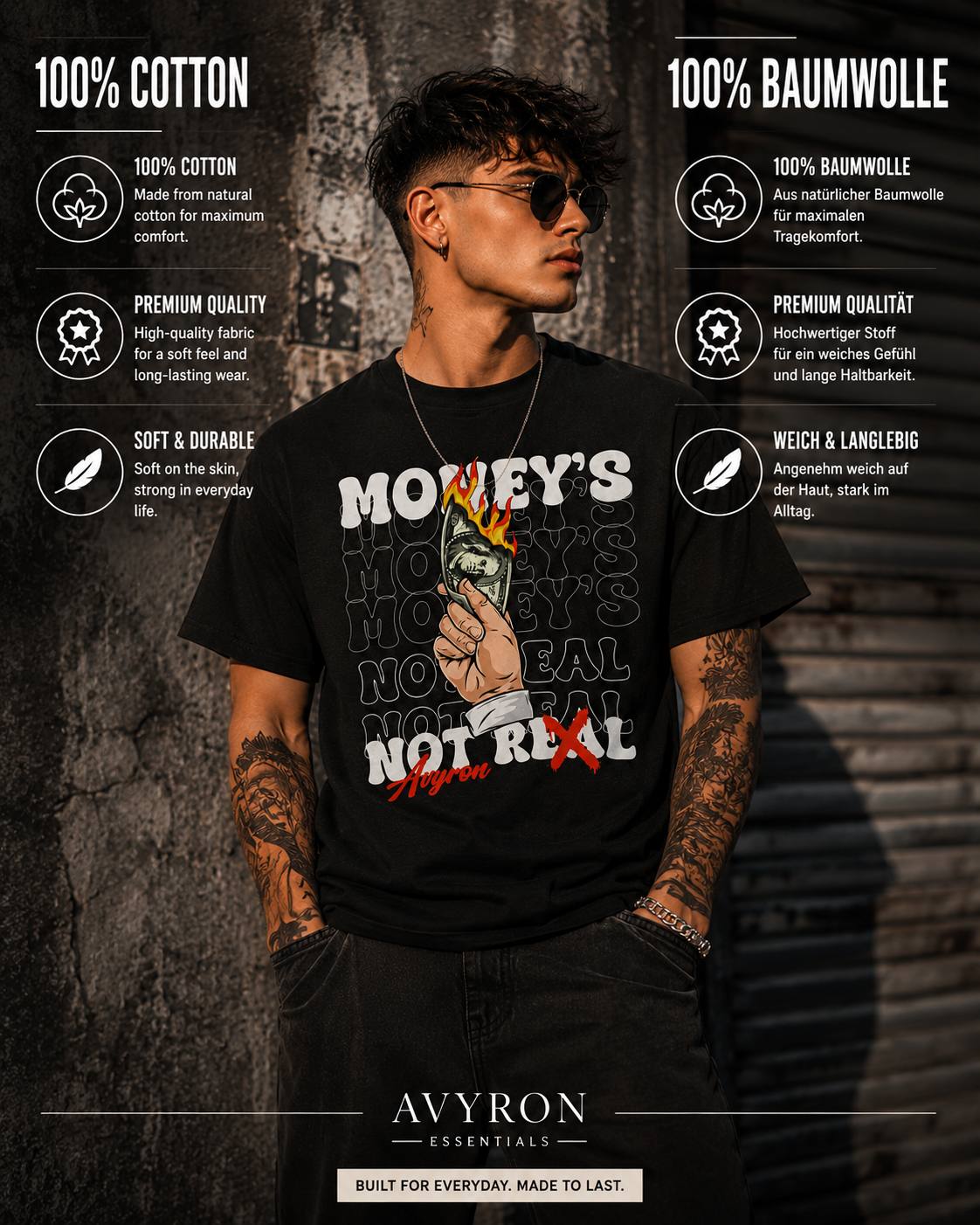 Burning Money graphic tee | Money's Not Real design, hand holding burning cash