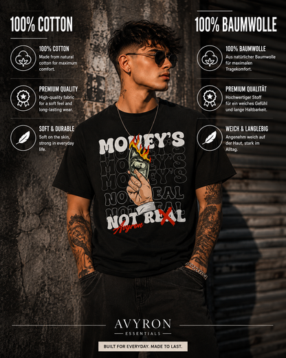 Burning Money graphic tee | Money's Not Real design, hand holding burning cash