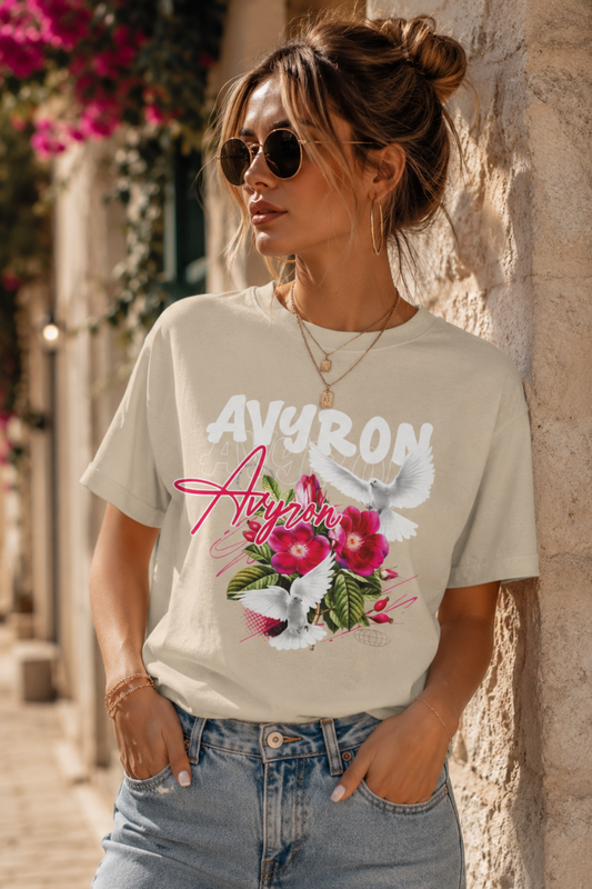 Avyron Floral Dove Tee — 'Avyron' Script Flower & Doves Graphic T-Shirt