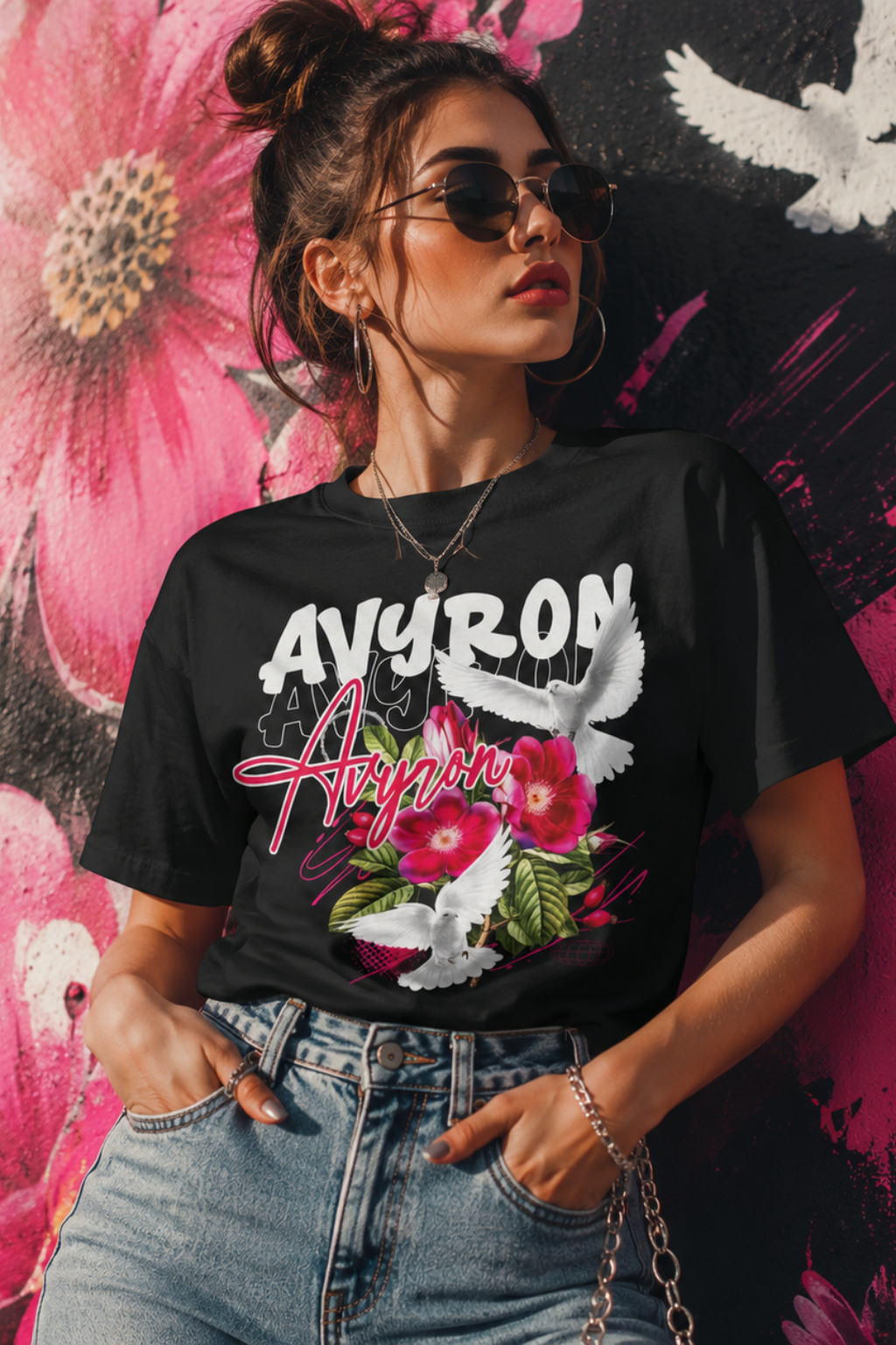 Avyron Floral Dove Tee — 'Avyron' Script Flower & Doves Graphic T-Shirt