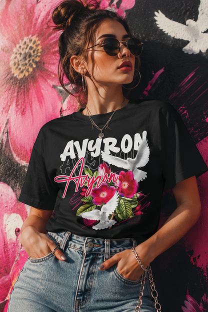 Avyron Floral Dove Tee — 'Avyron' Script Flower & Doves Graphic T-Shirt