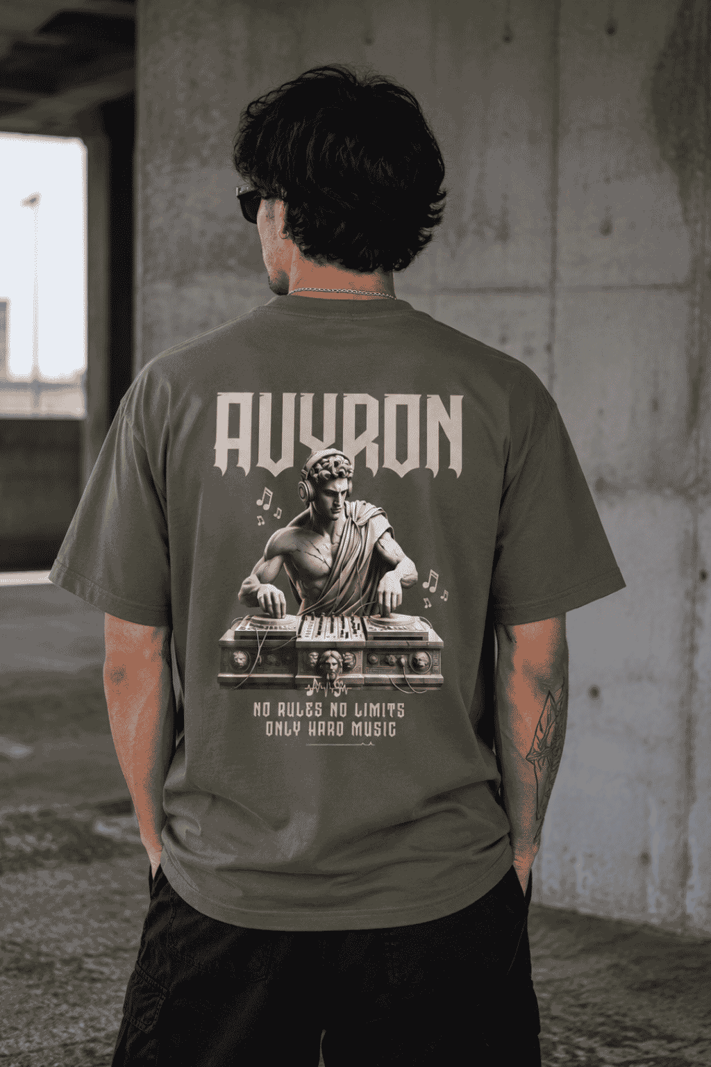 Avyron DJ Statue T-Shirt — Retro Vinyl Music Tee ("No Rules No Limits Only Hard Music")