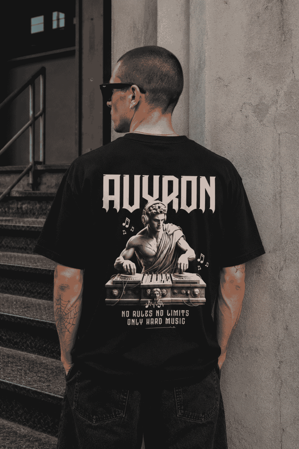 Avyron DJ Statue T-Shirt — Retro Vinyl Music Tee ("No Rules No Limits Only Hard Music")