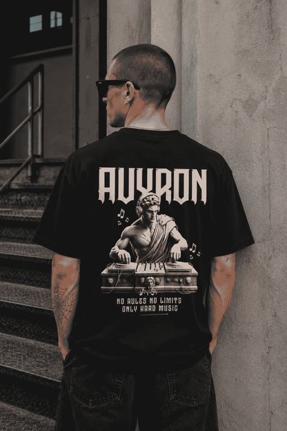 Avyron DJ Statue T-Shirt — Retro Vinyl Music Tee ("No Rules No Limits Only Hard Music")