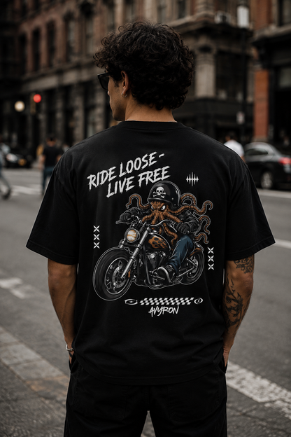 Ride Loose Live Free Motorcycle T-Shirt — Biker Skull Rider Tee