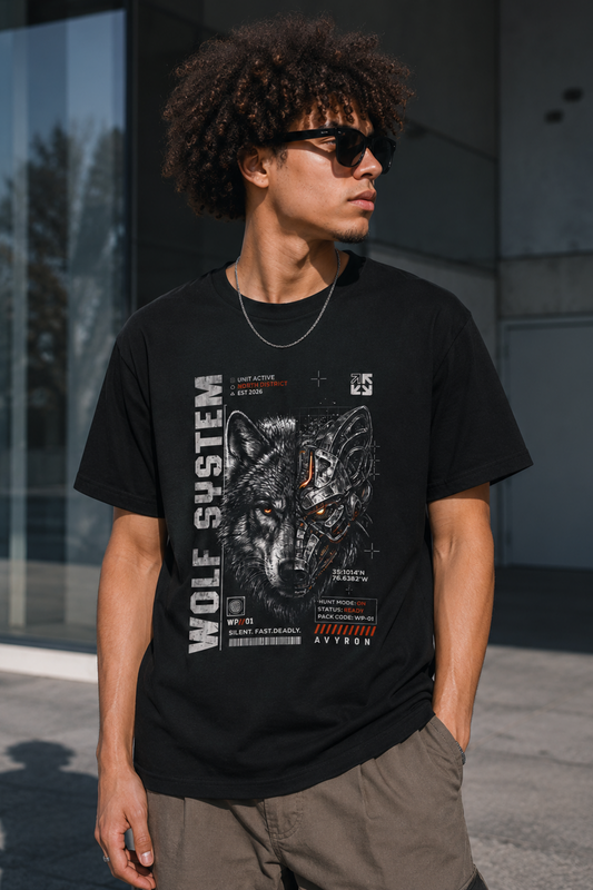 Wolf System graphic tee | Wolf Face Illustration Tee, Tech Noir Animal Shirt