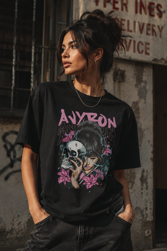 Girl with Skull and Pink Lilies T-Shirt | Gothic Vaporwave Tee
