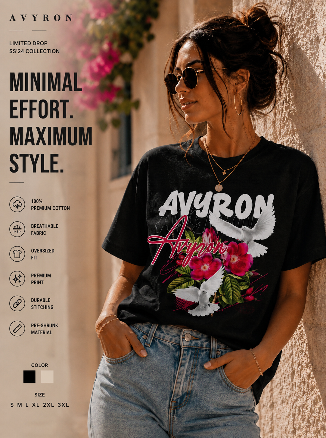 Avyron Floral Dove Tee — 'Avyron' Script Flower & Doves Graphic T-Shirt