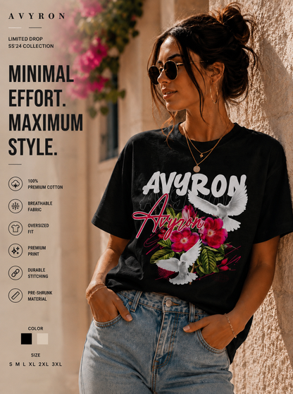 Avyron Floral Dove Tee — 'Avyron' Script Flower & Doves Graphic T-Shirt