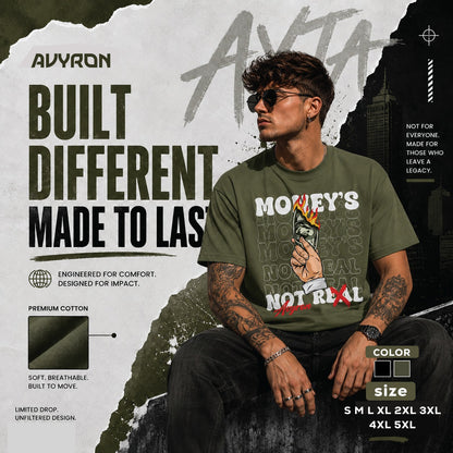 Burning Money graphic tee | Money's Not Real design, hand holding burning cash