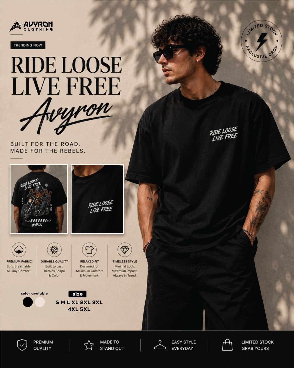 Ride Loose Live Free Motorcycle T-Shirt — Biker Skull Rider Tee