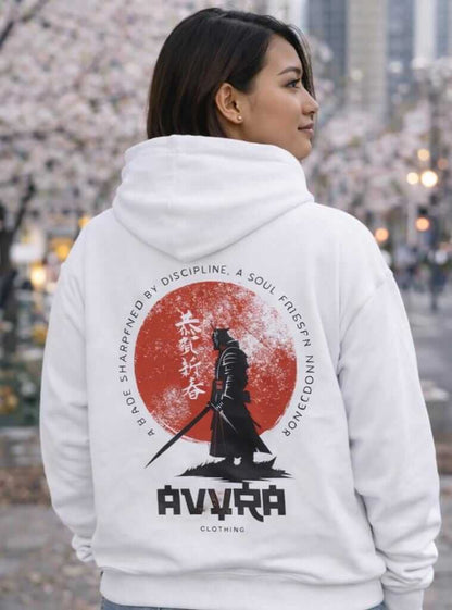 Avyron Clothing samurai silhouette red moon Japanese sunset graphic hoodie