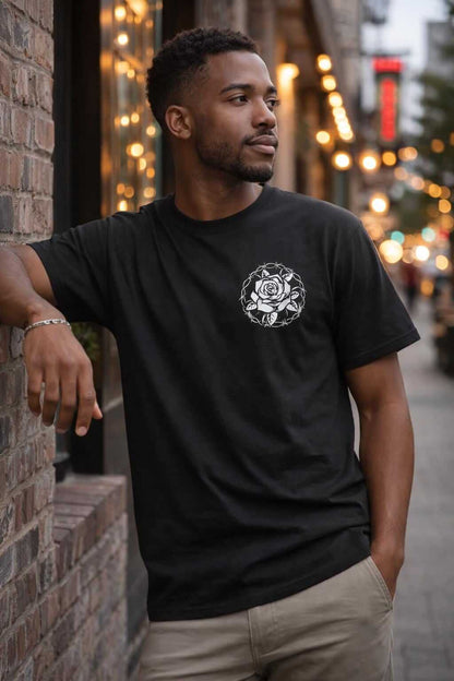 Avyron Clothing skull rose emblem gothic floral chest graphic t-shirt