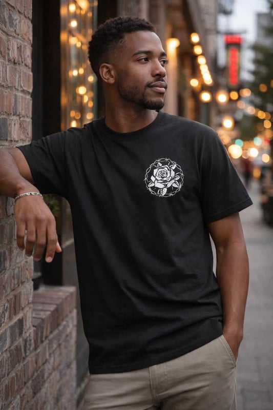 Avyron Clothing skull rose emblem gothic floral chest graphic t-shirt