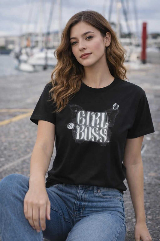 Girl Boss butterfly design Tee | Gothic script, floral accents