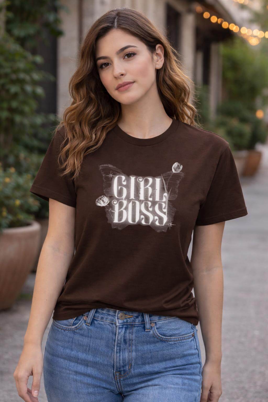 Girl Boss butterfly design Tee | Gothic script, floral accents