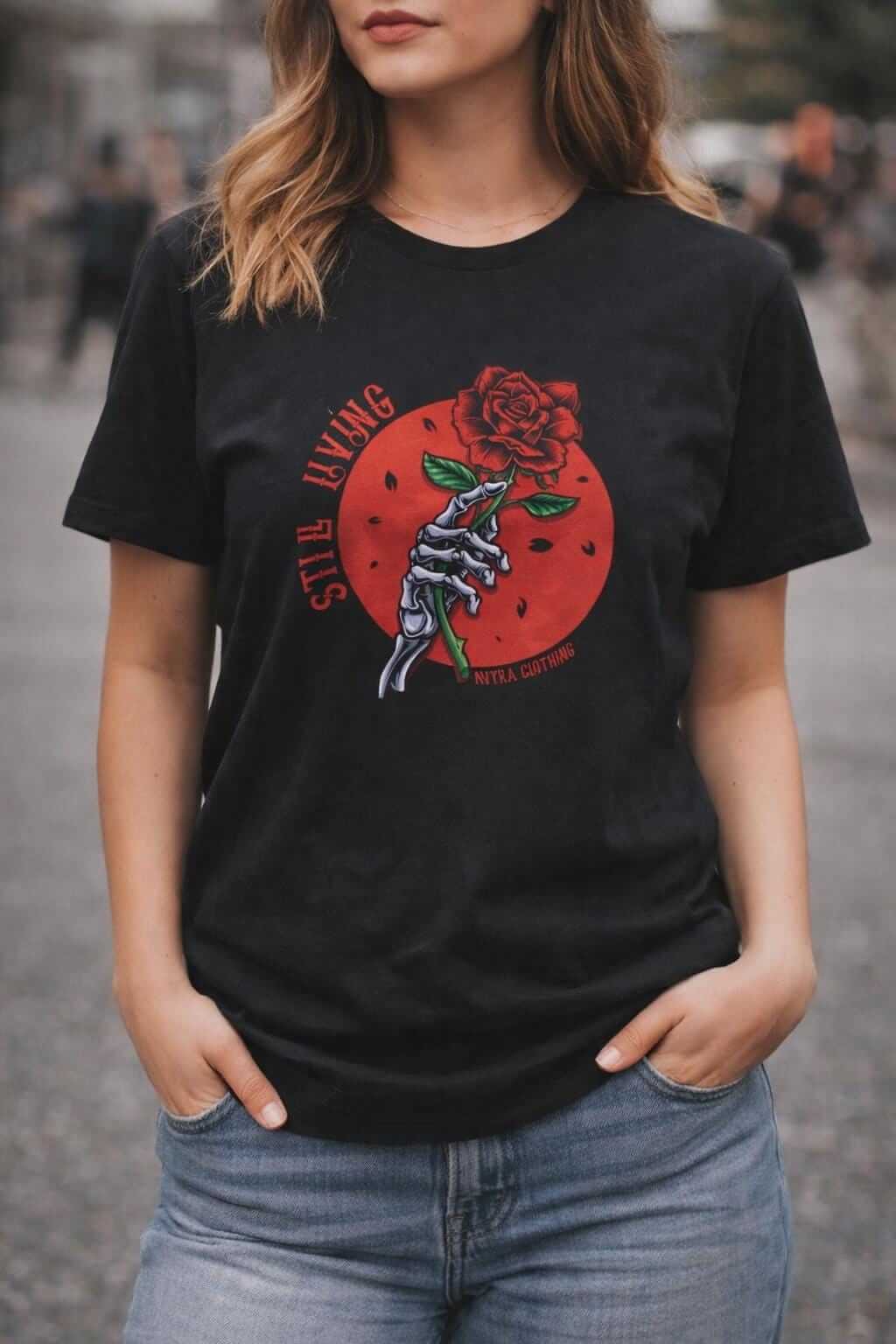 Avyron Clothing skull holding red rose still living graphic t-shirt
