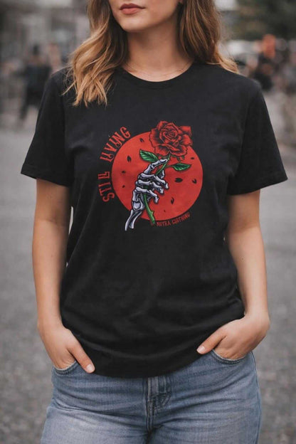 Avyron Clothing skull holding red rose still living graphic t-shirt