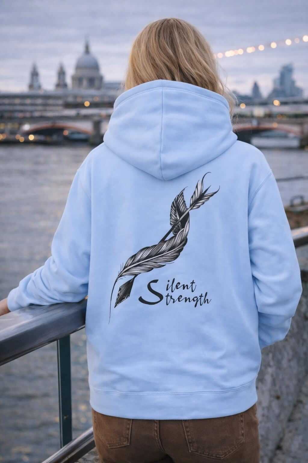 Avyron Clothing silent strength feather quill illustration minimalist back hoodie