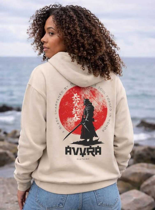 Avyron Clothing samurai silhouette red moon Japanese sunset graphic hoodie