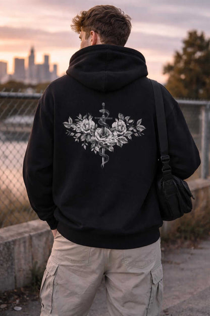 Avyron Clothing caduceus snake roses graphic hoodie