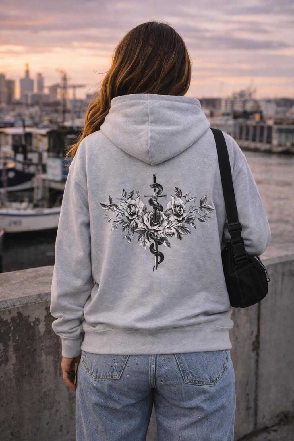 Avyron Clothing caduceus snake roses graphic hoodie