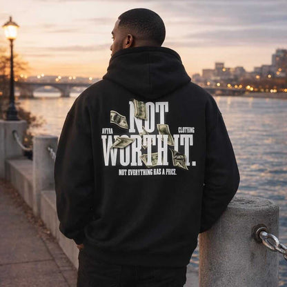 Avyron Clothing no worth it money text graphic hoodie minimalist front