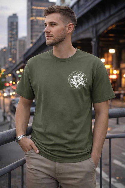 Avyron Clothing skull rose emblem gothic floral chest graphic t-shirt