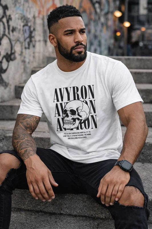 Avyron Clothing skull typography AVYRON stacked text vintage skull graphic tee