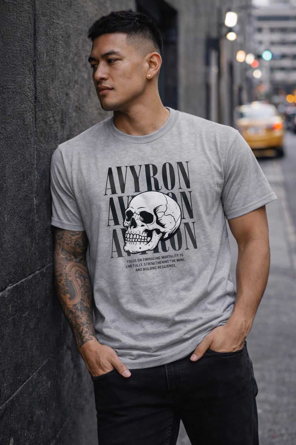 Avyron Clothing skull typography AVYRON stacked text vintage skull graphic tee