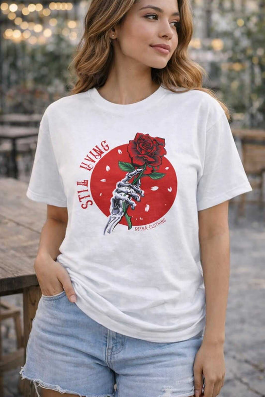 Avyron Clothing skull holding red rose still living graphic t-shirt