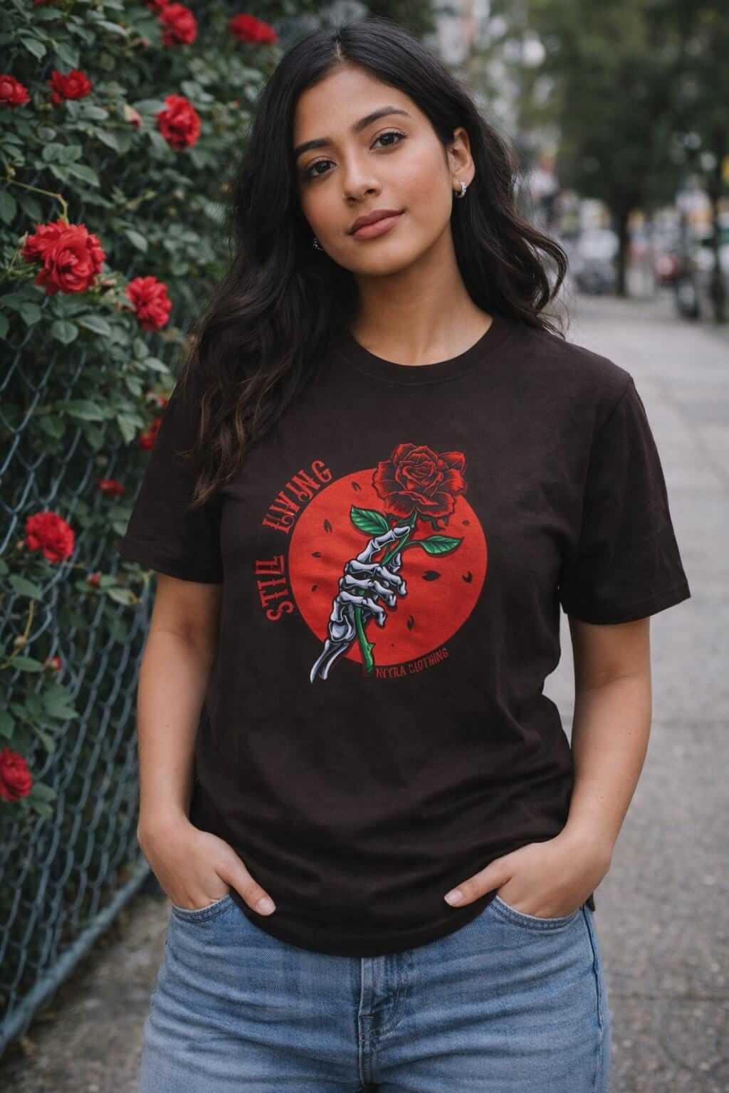 Avyron Clothing skull holding red rose still living graphic t-shirt