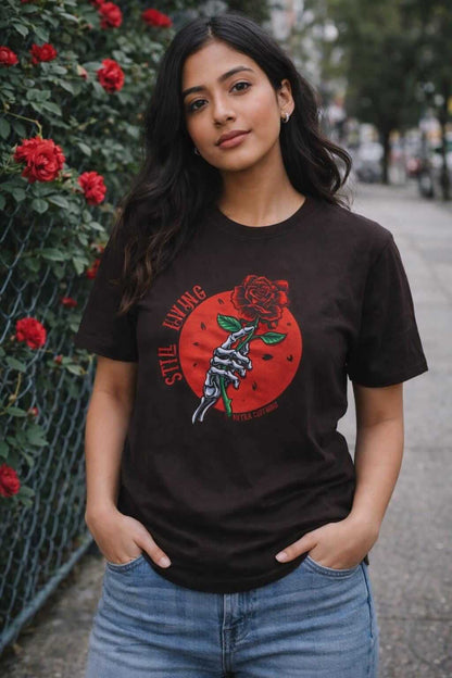 Avyron Clothing skull holding red rose still living graphic t-shirt