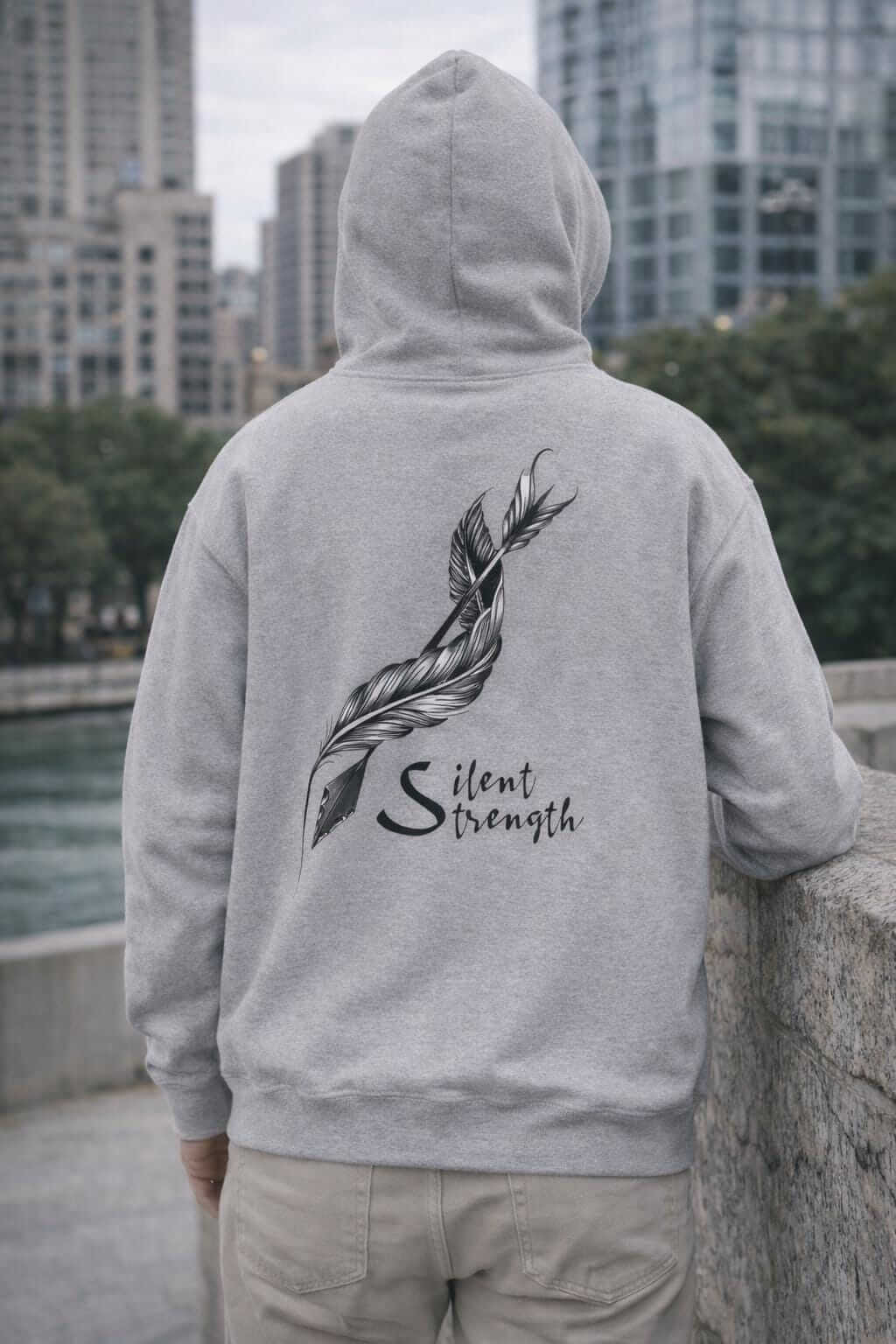 Avyron Clothing silent strength feather quill illustration minimalist back hoodie
