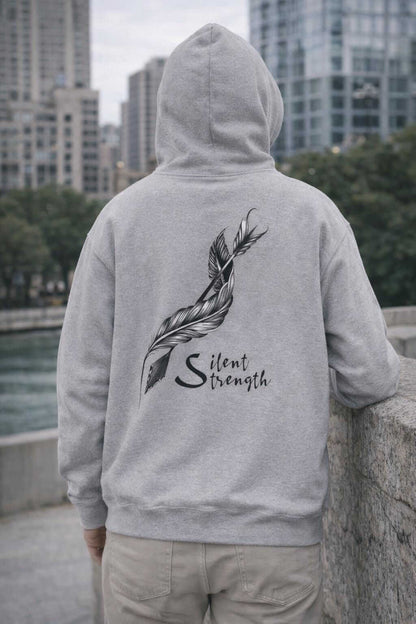 Avyron Clothing silent strength feather quill illustration minimalist back hoodie