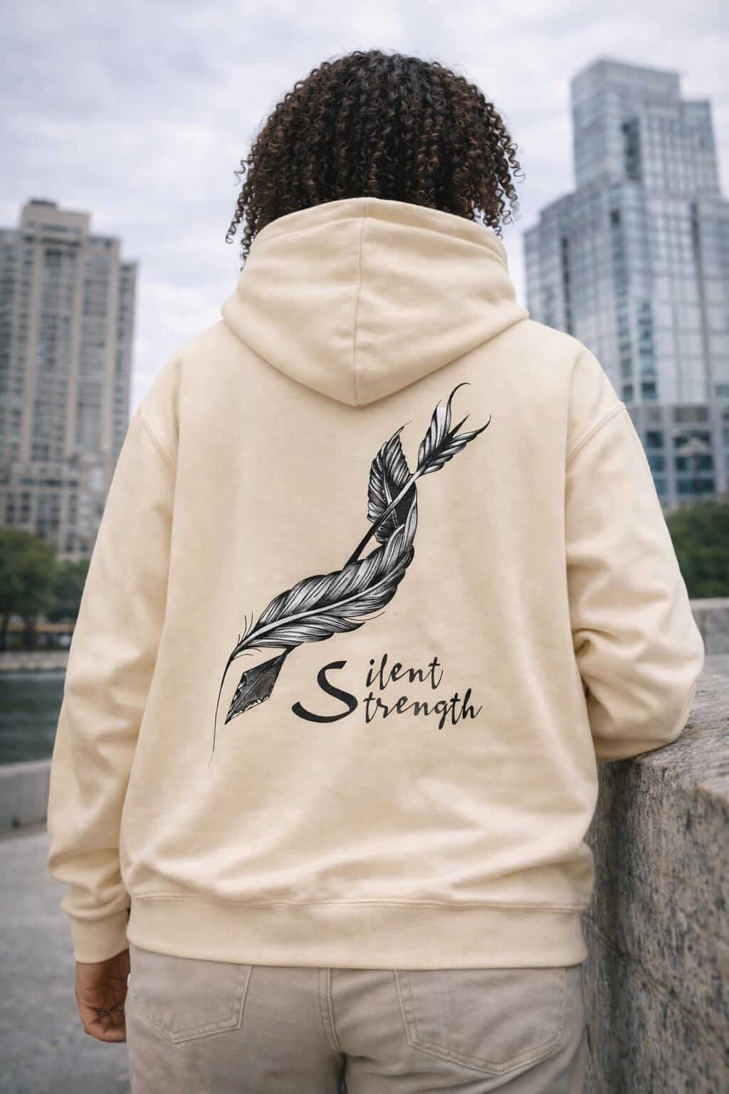 Avyron Clothing silent strength feather quill illustration minimalist back hoodie