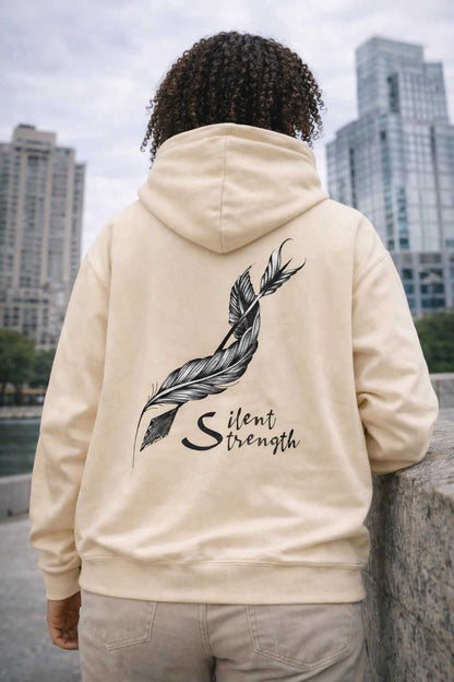 Avyron Clothing silent strength feather quill illustration minimalist back hoodie