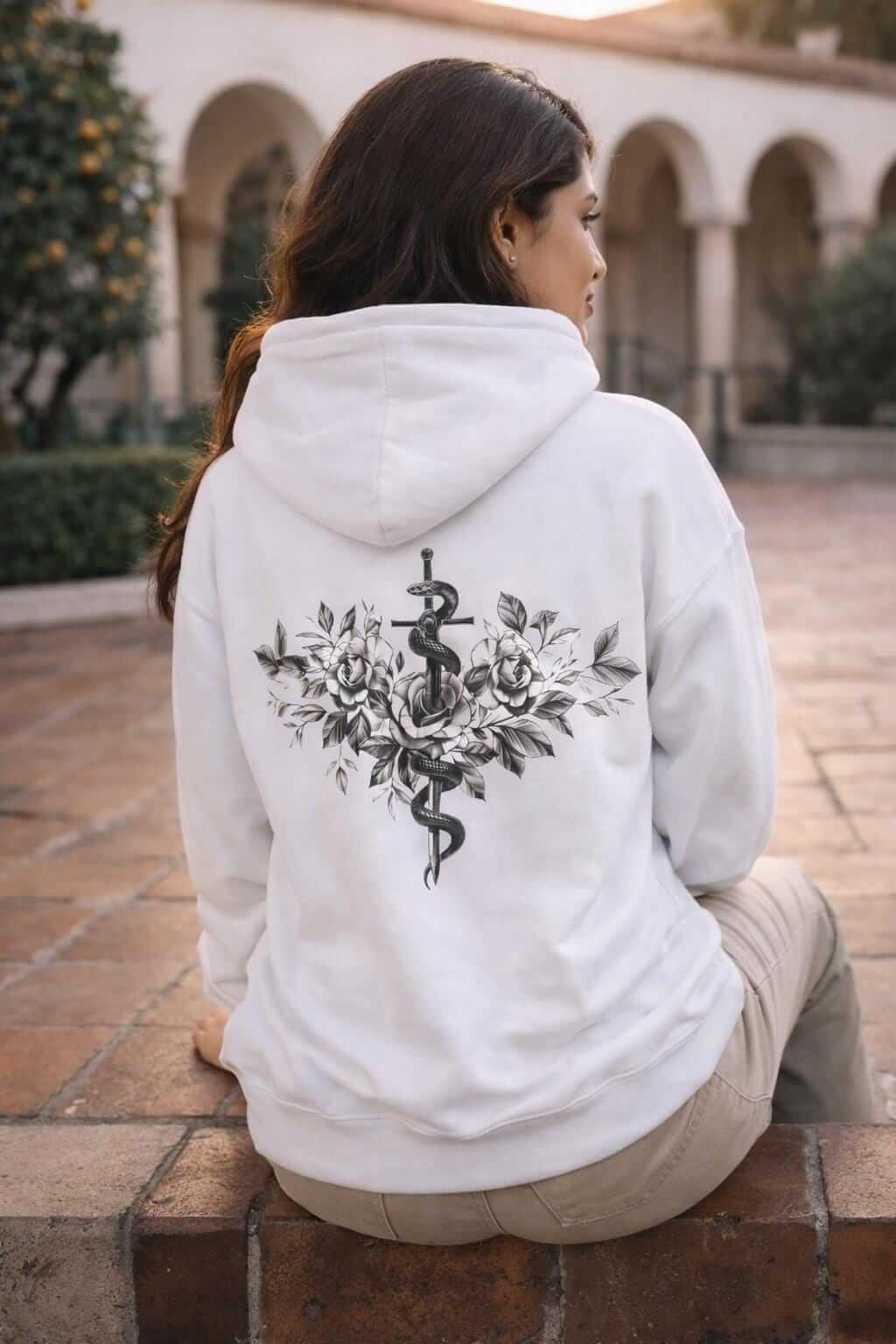 Avyron Clothing caduceus snake roses graphic hoodie