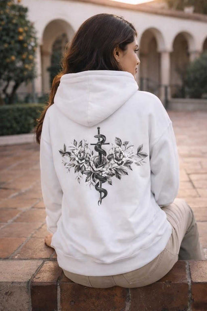 Avyron Clothing caduceus snake roses graphic hoodie