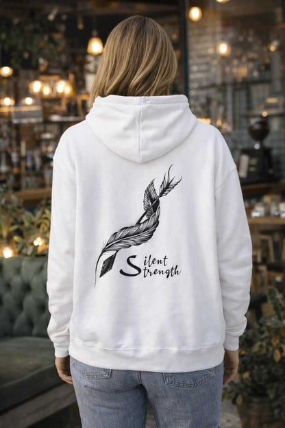 Avyron Clothing silent strength feather illustration minimalist script chest hoodie