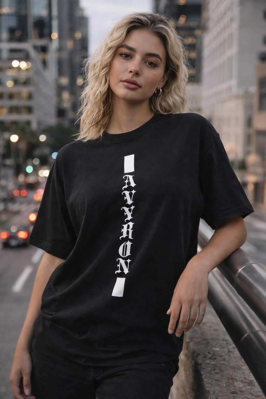 Avyron Clothing vertical gothic lettering column text graphic tee shirt