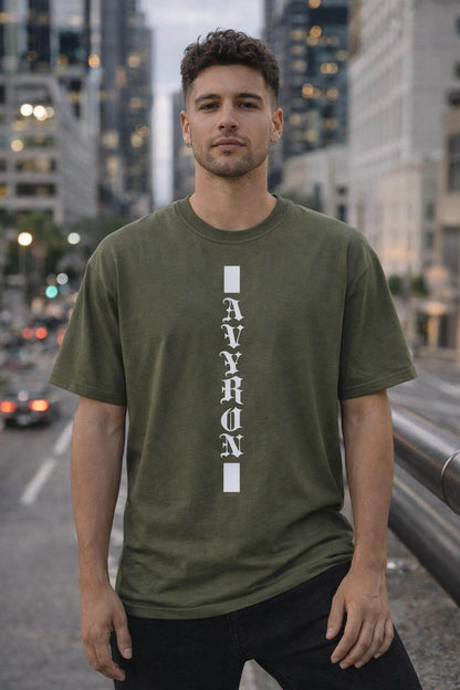 Avyron Clothing vertical gothic lettering column text graphic tee shirt